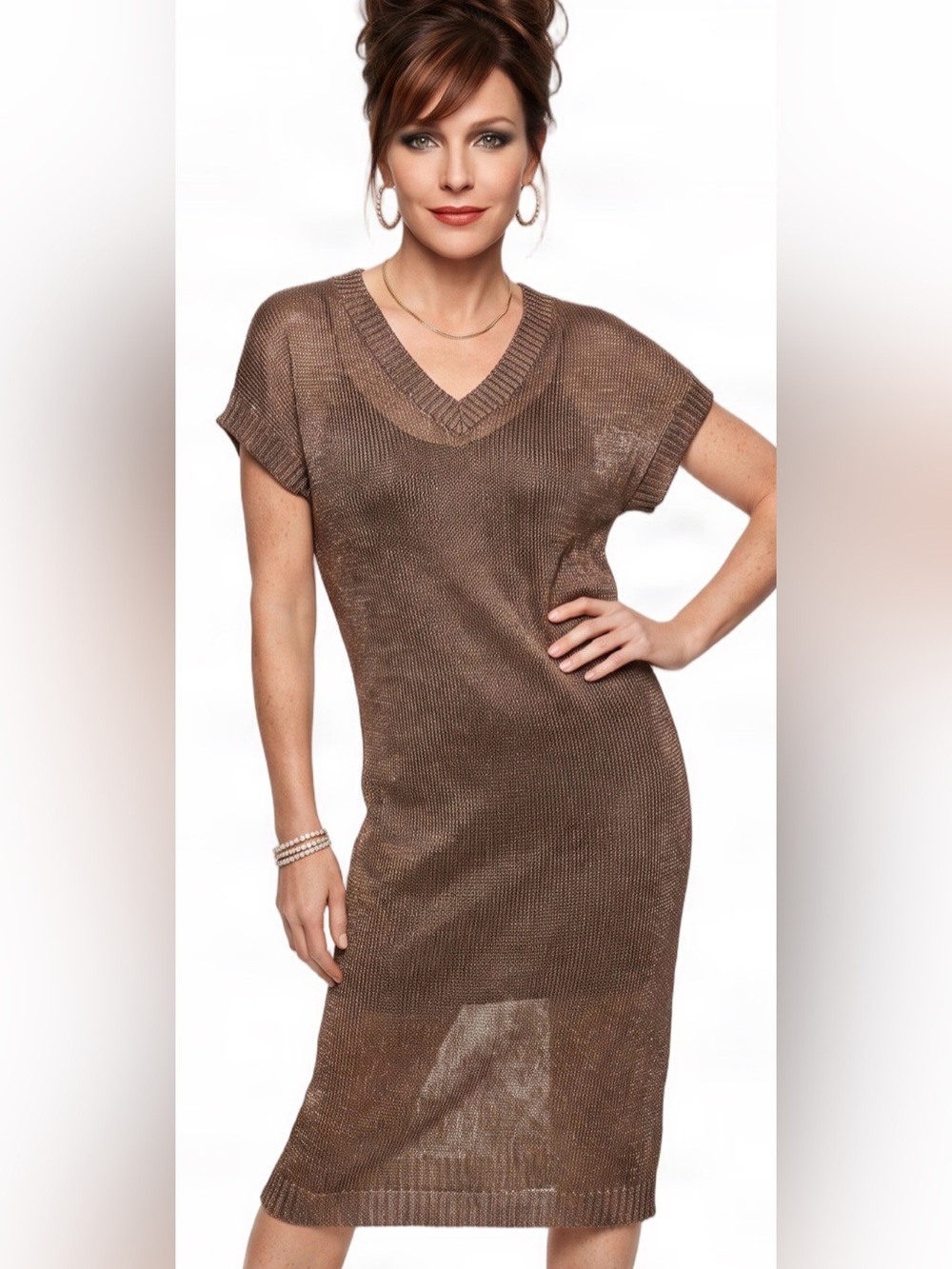 TUCKERNUCK INDIE Dress Metallic Bronze VNeck Shortsleeve Midi Sweater Semi Sheer